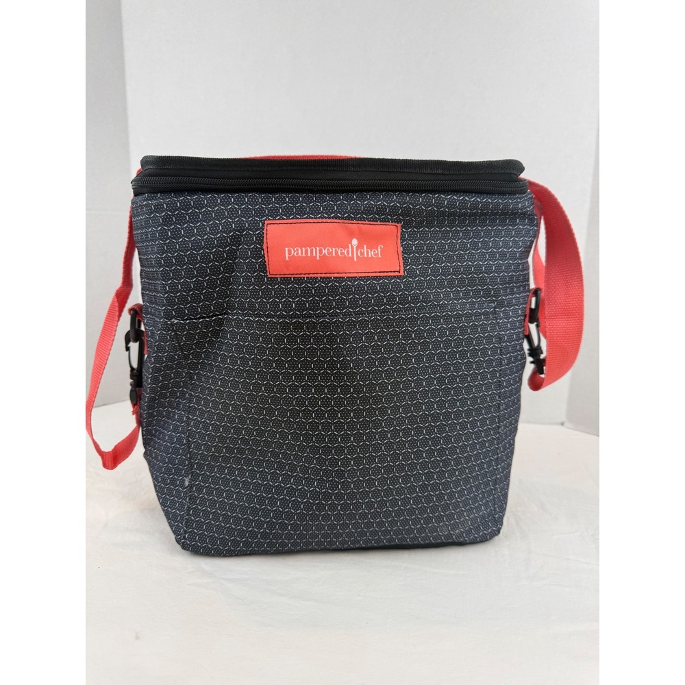 Pampered Chef Insulated Thermal Cooler Bag Grey Honeycomb Coral Red Strap